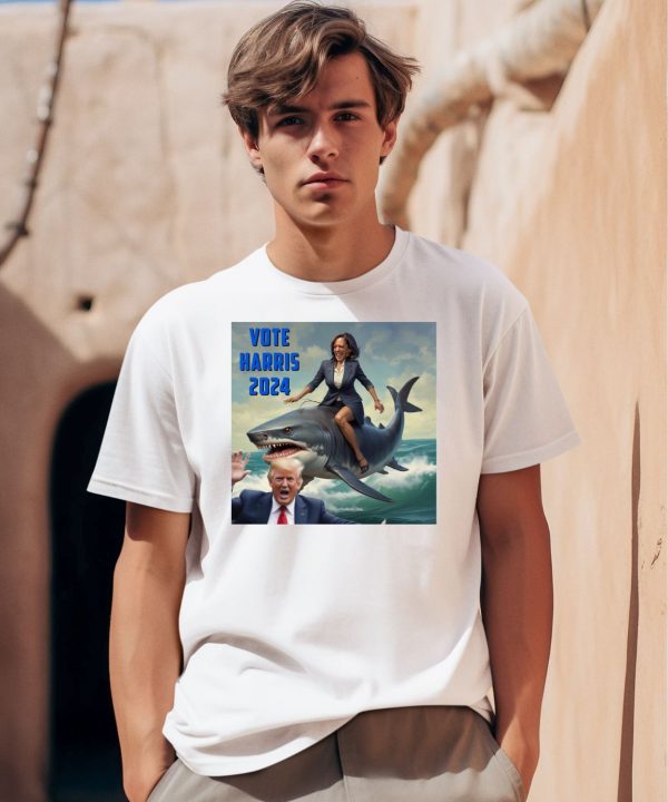 Vote Harris 2024 Donald Trump And Kalama Harris Riding A Shark Shirt0