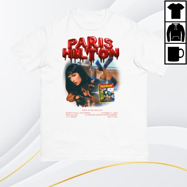 kenny Paris Hilton Merch Store Mia Wallace Halloween White Shirt kenny Paris Hilton Merch Store Mia Wallace Halloween White Shirt