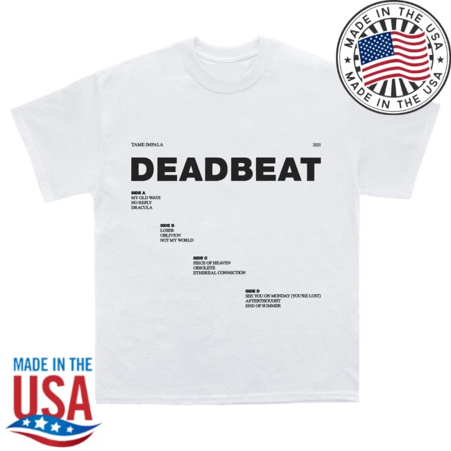 kenny Tame Impala Merch Deadbeat Tracklist White Tee kenny Tame Impala Merch Deadbeat Tracklist White Tee