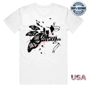 Red Jumpsuit Apparatus Merch Butterfly White Shirt