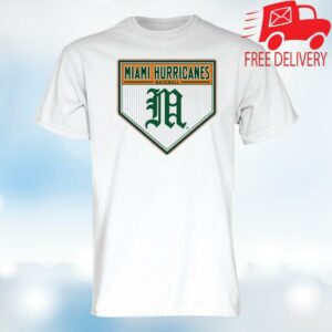 Miami Team Store Merch Shop Blue 84 Miami Hurricanes White Old English M Baseball Home Plate Short Sleeve T-Shirt