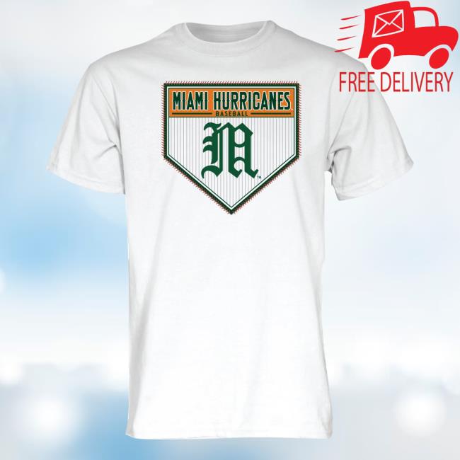 Miami Team Store Merch Shop Blue 84 Miami Hurricanes White Old English M Baseball Home Plate Shirt 2 Miami Team Store Merch Shop Blue 84 Miami Hurricanes White Old English M Baseball Home Plate Short Sleeve T-Shirt