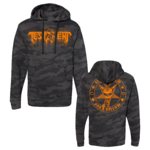 Testament Merch Store Orange Logo Pullover Hoodie (Black Camo)