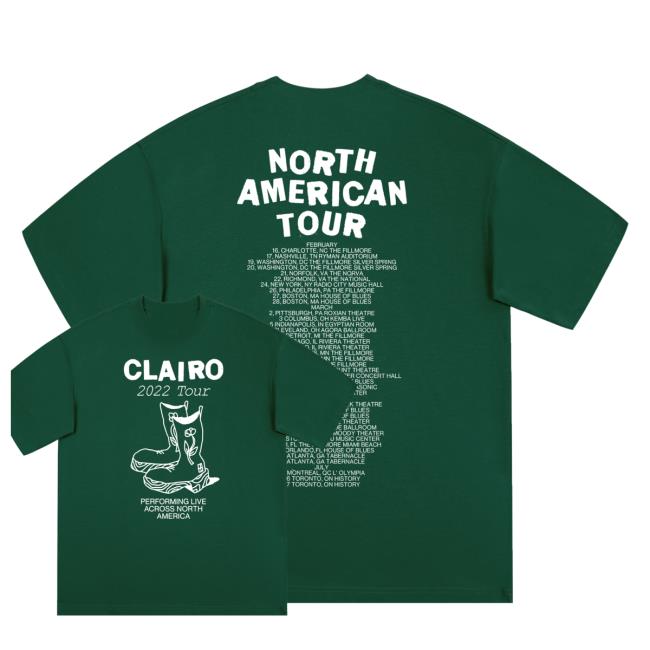 Clairo Merch Store Shop Boots North American Tour (Green) T-Shirt 3 Clairo Merch Store Shop Boots North American Tour (Green) T-Shirt
